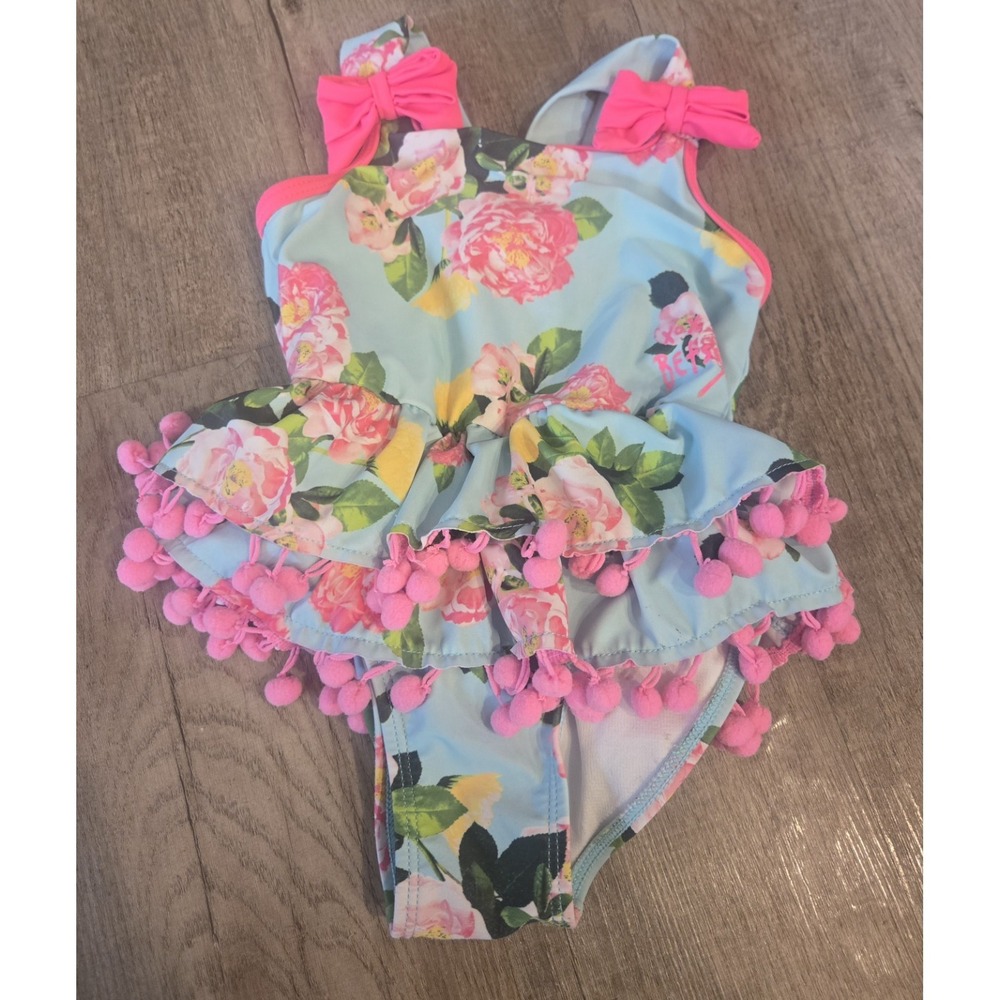 Betsey Johnson Girls Floral Pink Pom Pom  One Piece‎ Swimsuit Size 2t